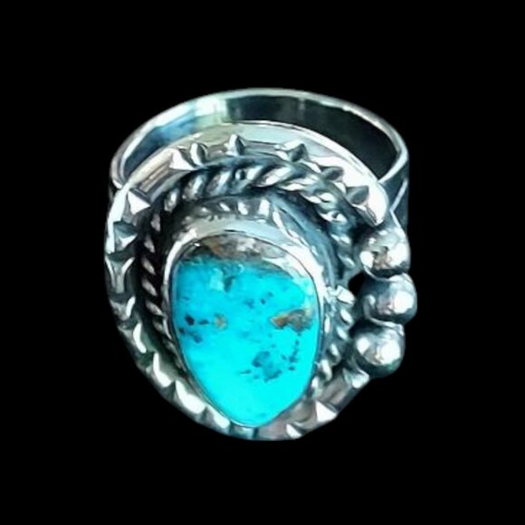 Vintage Navajo Sterling Silver Rope Tear-Drop Turquoise Ring Sz 7 App - Picture 1 of 11